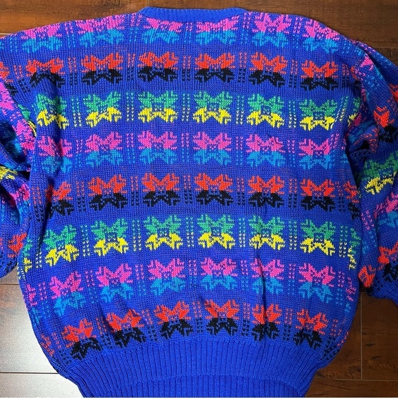 VINTAGE 1980s Bright Printed Sweater Crew Neck Vtg 80s Balloon Sleeves - Picture 5 of 7